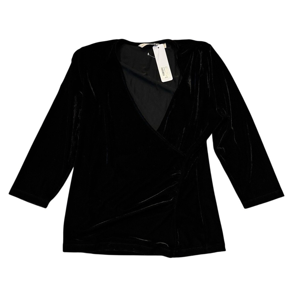 Soft Surroundings Velvet Alyssa Knit Top Black Faux Wrap V-Neck M